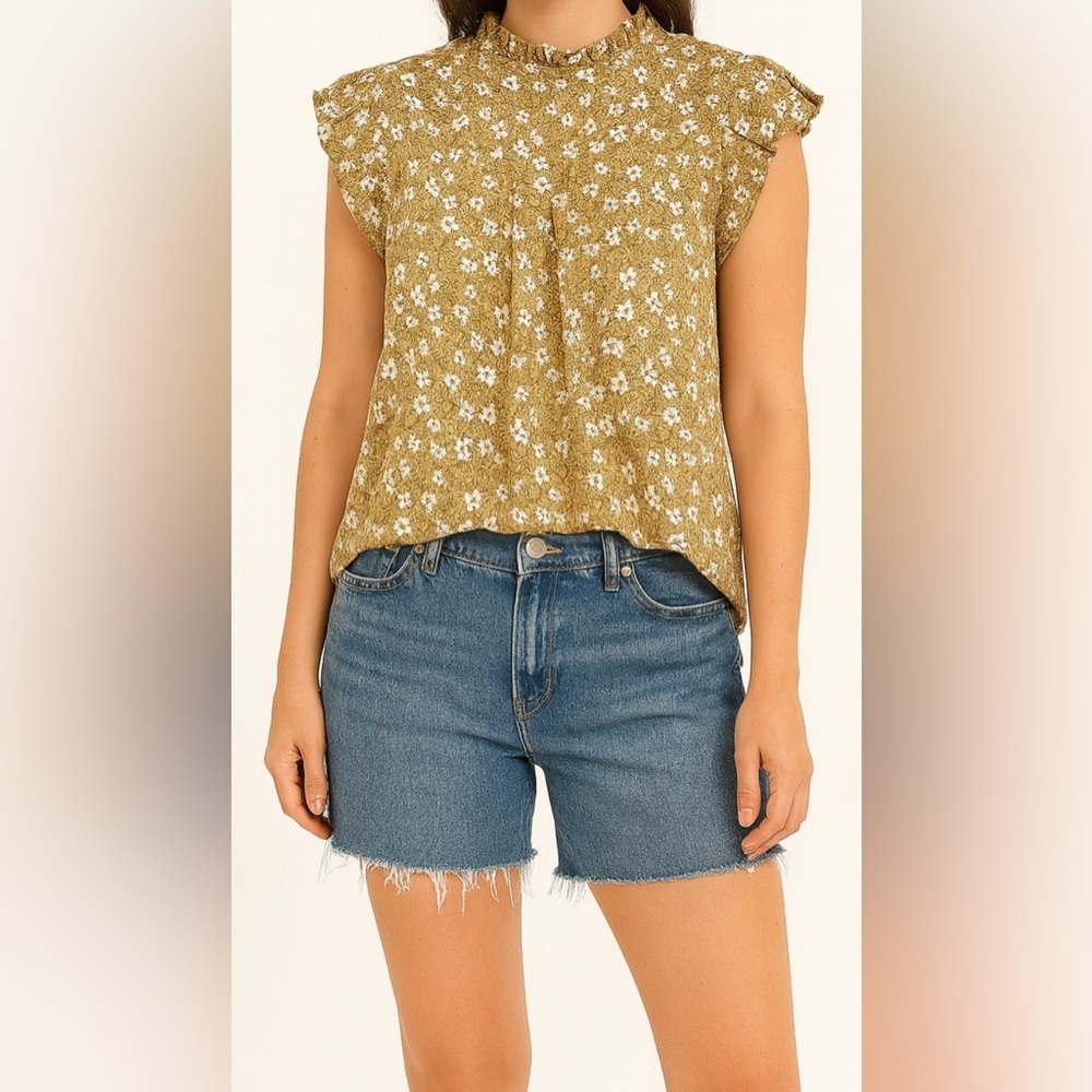 Monteau Floral Ruffle Sleeve Blouse Mustard Yellow Cottagecore Prairie Size‎ L